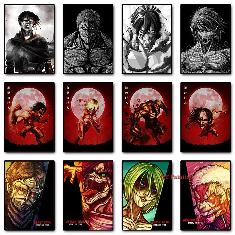 Póster de personajes japoneses de ataque a los Titanes, pintura en lienzo, imágenes artísticas de pared de dibujos animados, regalo de decoración del hogar