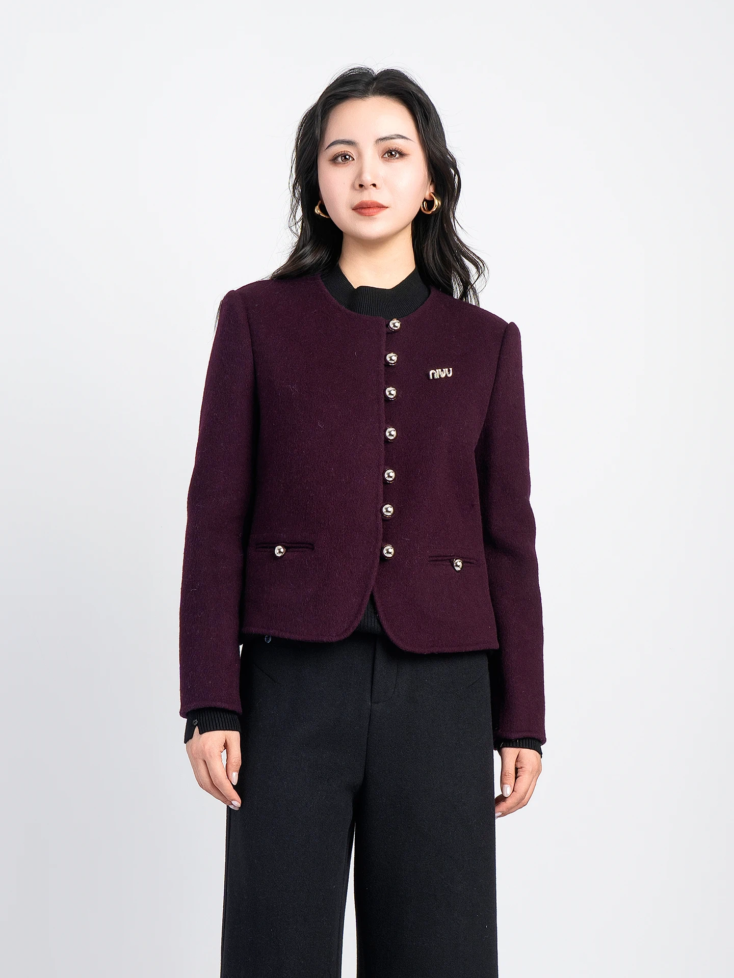 

Ele Winter Wool Blend Coat Women's round Ne ort Length Faionable Small Fraance Sle Simple Design Youth Size