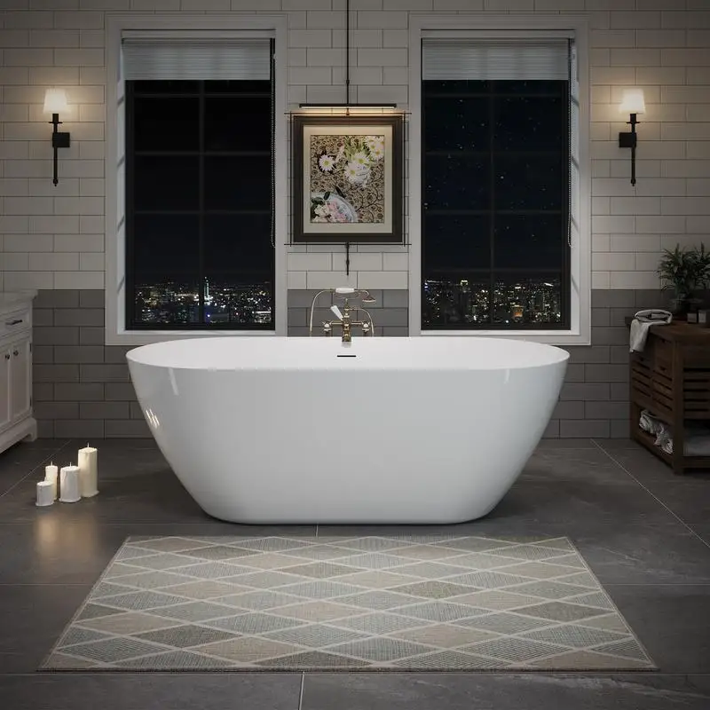 

63" Acrylic Freestanding Oval Deep Soaking Tub with Center Pop-Up Drain & Integrated Overflow, Contemporary Standalone Bath for