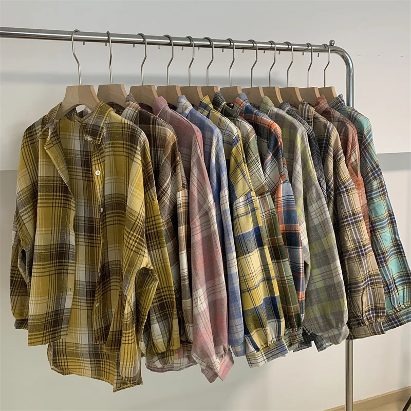 

American Retro Plaid irt Loose Casual Women's irt Versatile Oversize Outerwear Spring 2025 Polyester Cotton Blend Long Sl...
