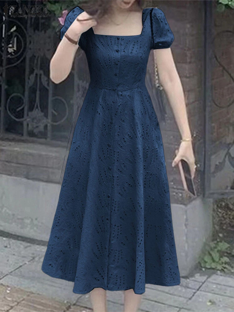 فستان نسائي أنيق بأشرطة خصر من ZANZEA فستان صيفي طويل بأكمام قصيرة من الدانتيل فستان صيفي غير رسمي بياقة مربعة رداء للحفلات الصلبة