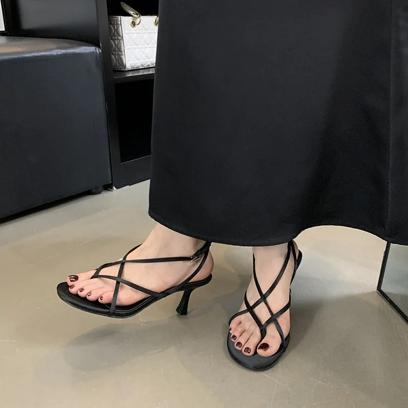 Sandales à Talons Aiguilles et Bas pour Femme, Chaussures avec Sangle et Ruban, Beige, Confortables, Noires, à la Mode, Été 2024