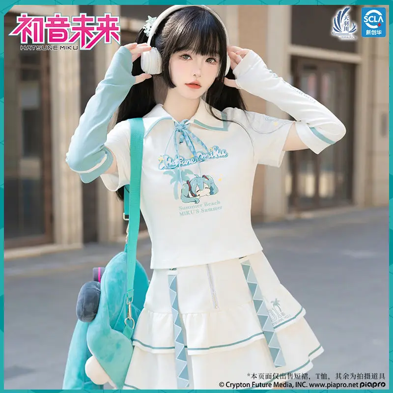 

Anime Hatsune Miku Removable Patchwork Sleeves T-Shirt Top Pleated Skirt Suit Cartoon Fashionable Summer Short Sleeve Dress