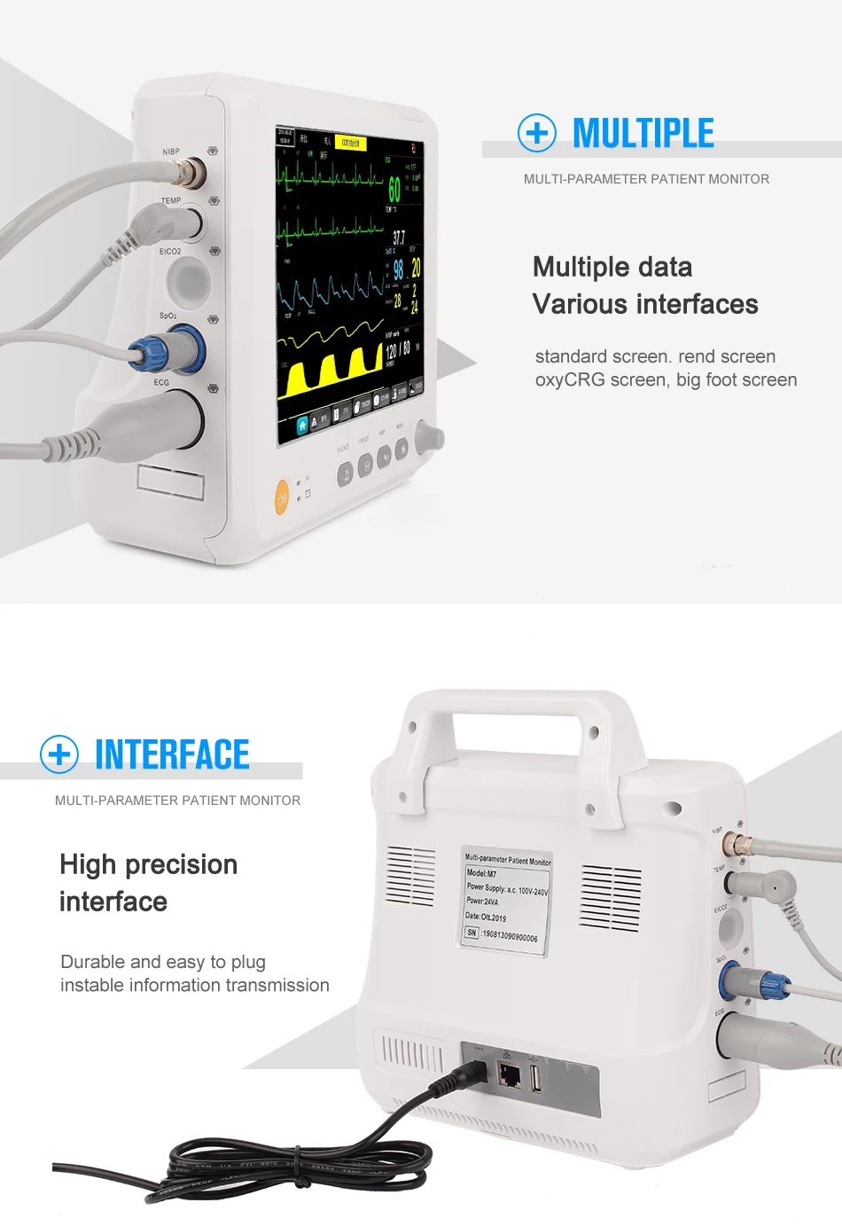 Blood Pressure SPO2 Pulse Rate Temperature Respiration ICU CCU MultiParameter Patient Monitor Multi parameters patient monitor