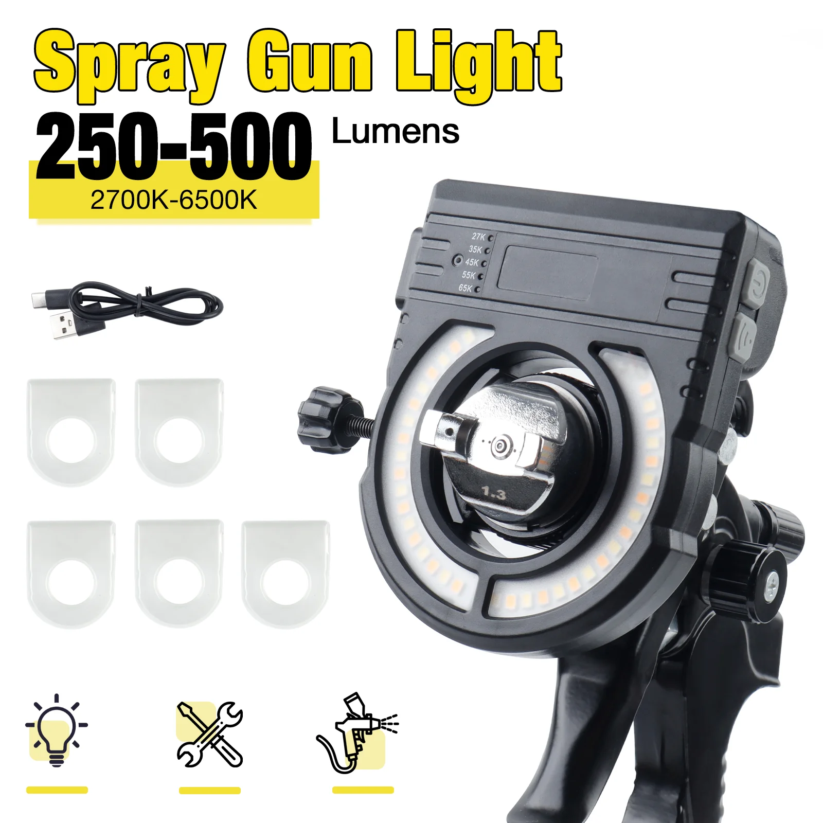 Iluminação para pistola de pintura automóvel, iluminação ajustável, autonomia de 4 horas, luz de enchimento de tinta, compatível com a maioria das pistolas de pintura, para trabalhos noturnos em garagem