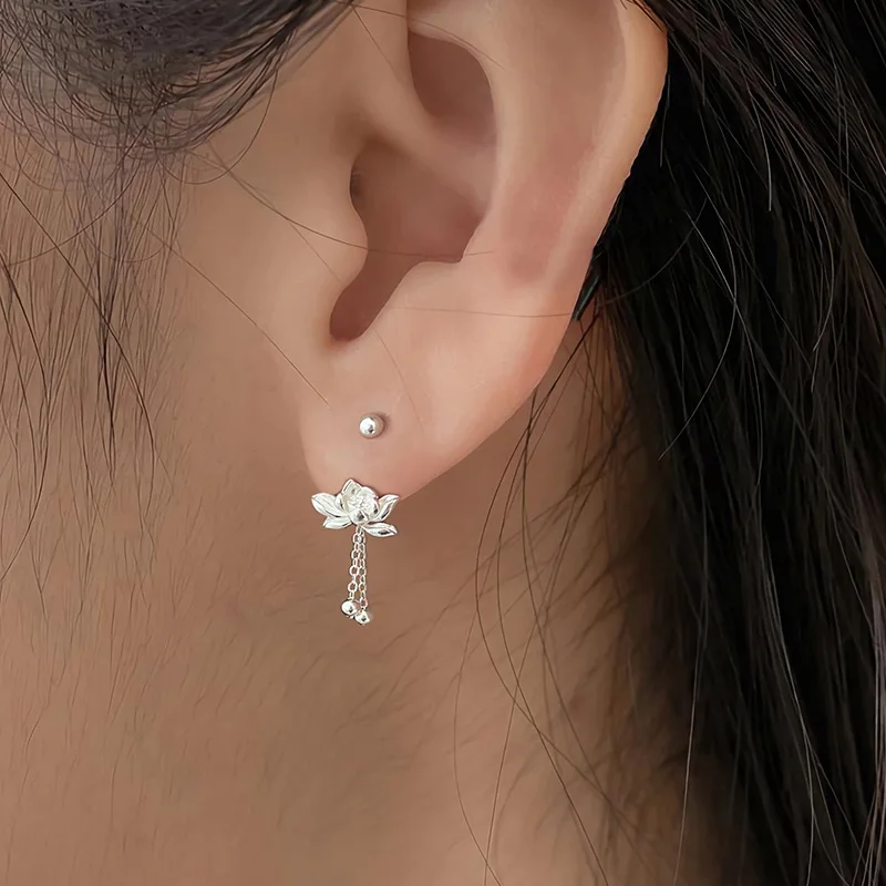 S999 Solid Silver Lotus Earrings – 100% Pure Silver Vintage Design, Hypoallergenic Screw-Back Sleep-Friendly Jewelry for Women