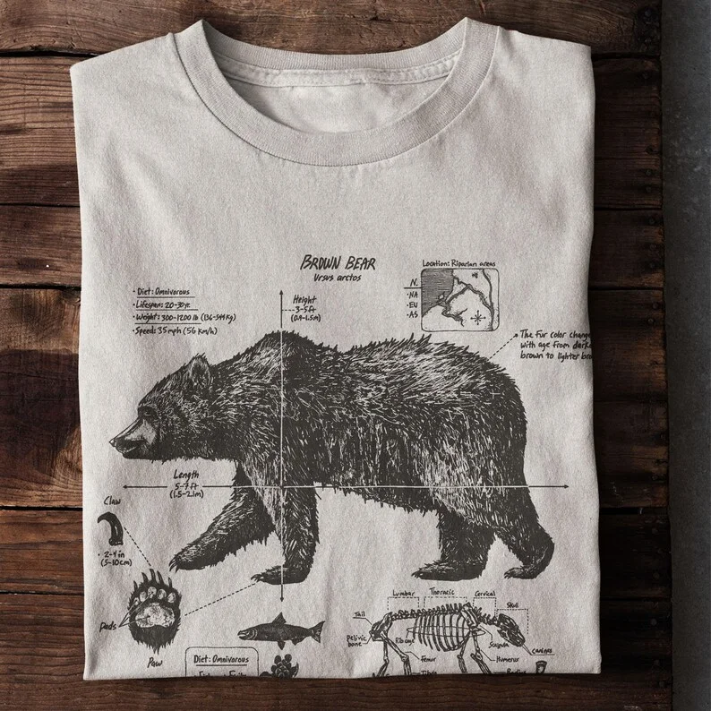 Camiseta de anatomía de revisión de oso marrón, Camisa de algodón ecológica, tabla de biología de oso Grizzly, camisa de oso estampado, Tops de regalo de oso marrón