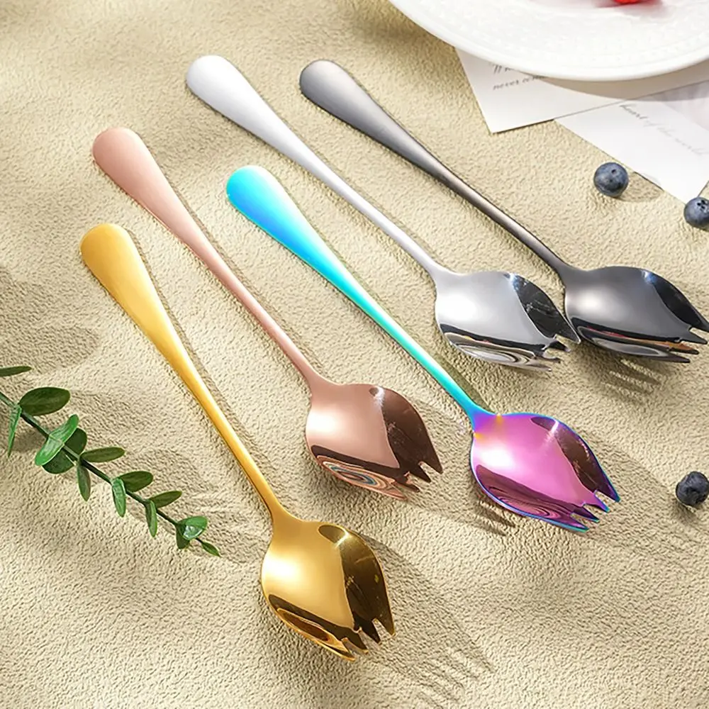 

2 in 1 Salad Spoon Fork Long Handle Stainless Steel Soup Spoons 5 Colors Dishwasher Tableware Spork Dessert Spoons