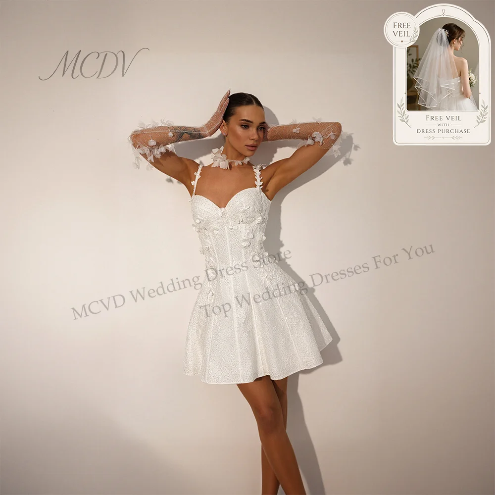 Vestido de Noiva Curto em A com Flores 3D, Renda e Miçangas Brilhantes, Decote Coração, Vestido Branco Curto Personalizado