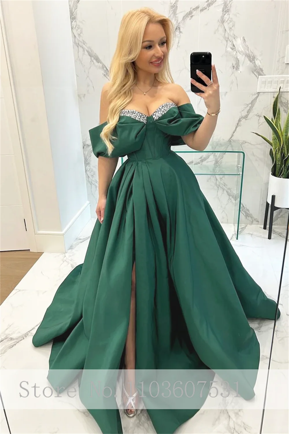 Off the Shoulder Satin Beaded Crystals Prom Dress for Women A-line Backless Prom Party Gown with Side Slit vestidos de festa