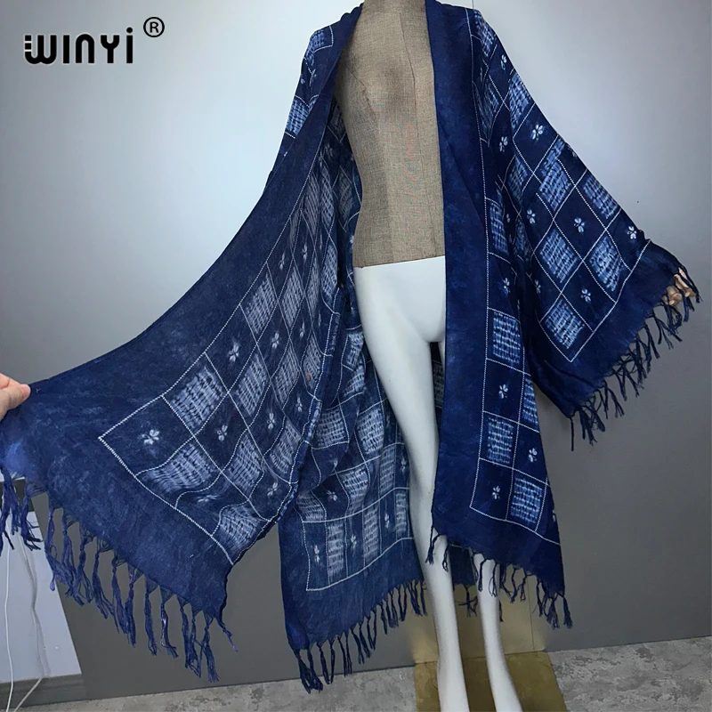 WINYI verano con flecos tie-dye impreso mujeres maxi cárdigan vestido largo elegante Boho suelta playa cubrir kimonos abaya dubai lujo