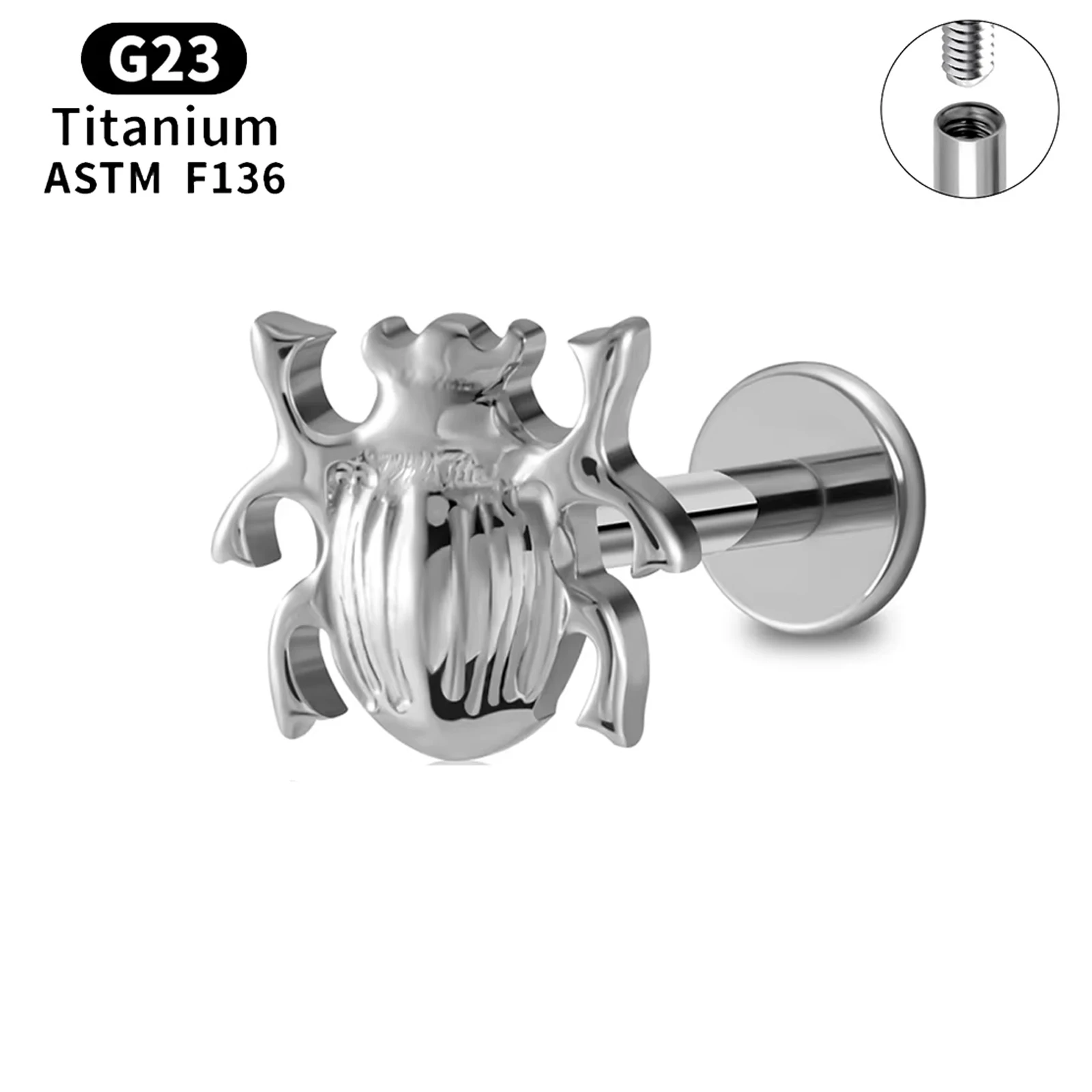 ASTM Titanium 16G Scarab Beetle Cartilage Helix Stud Earring Internally Threaded Lip Stud Rings Labret Piercing Jewelry With Box