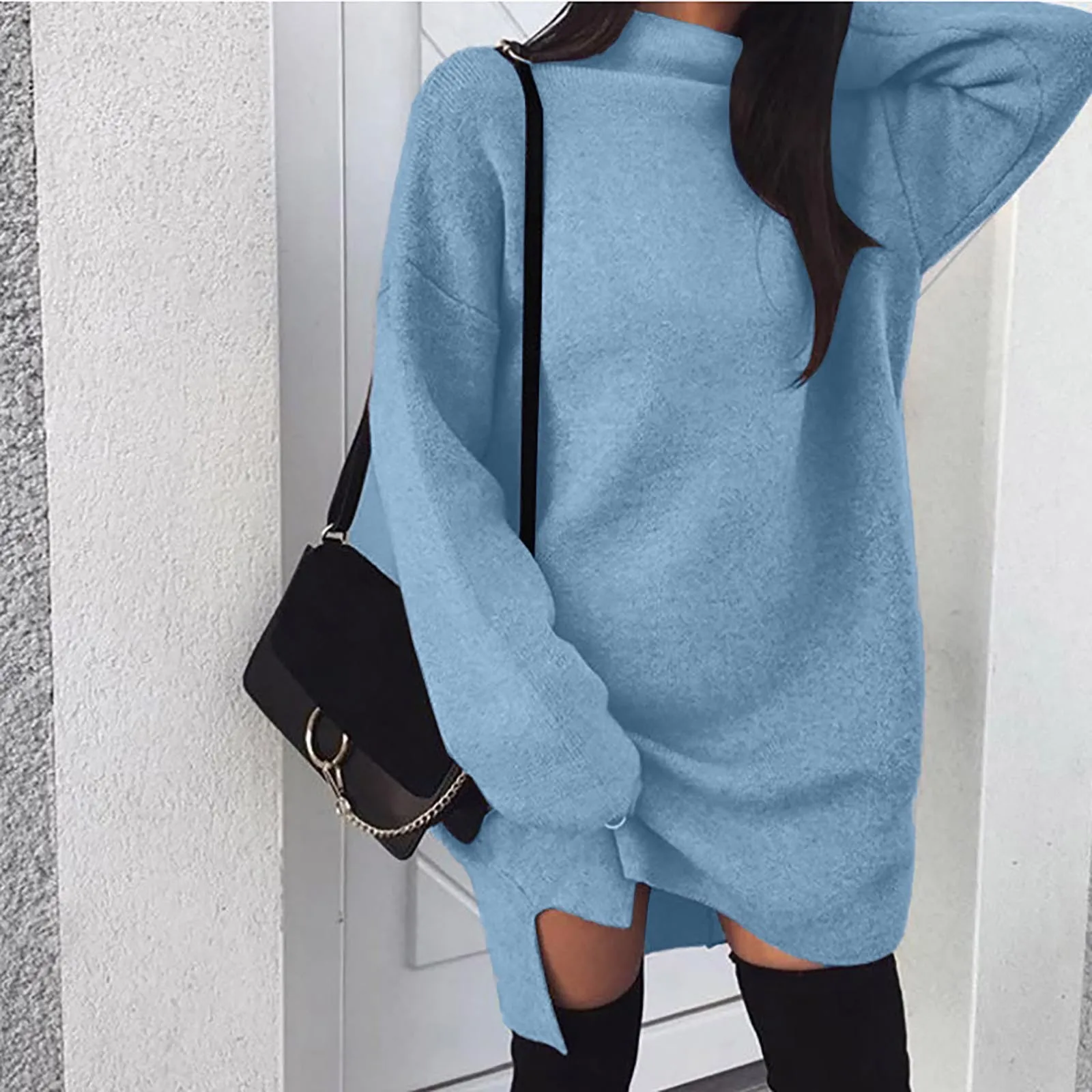 Elegant Women Solid Turtleneck Split Knitted Dress Female Long Sleeve Vintage Loose Sweater Dresses Autumn Fashion Warm Vestidos