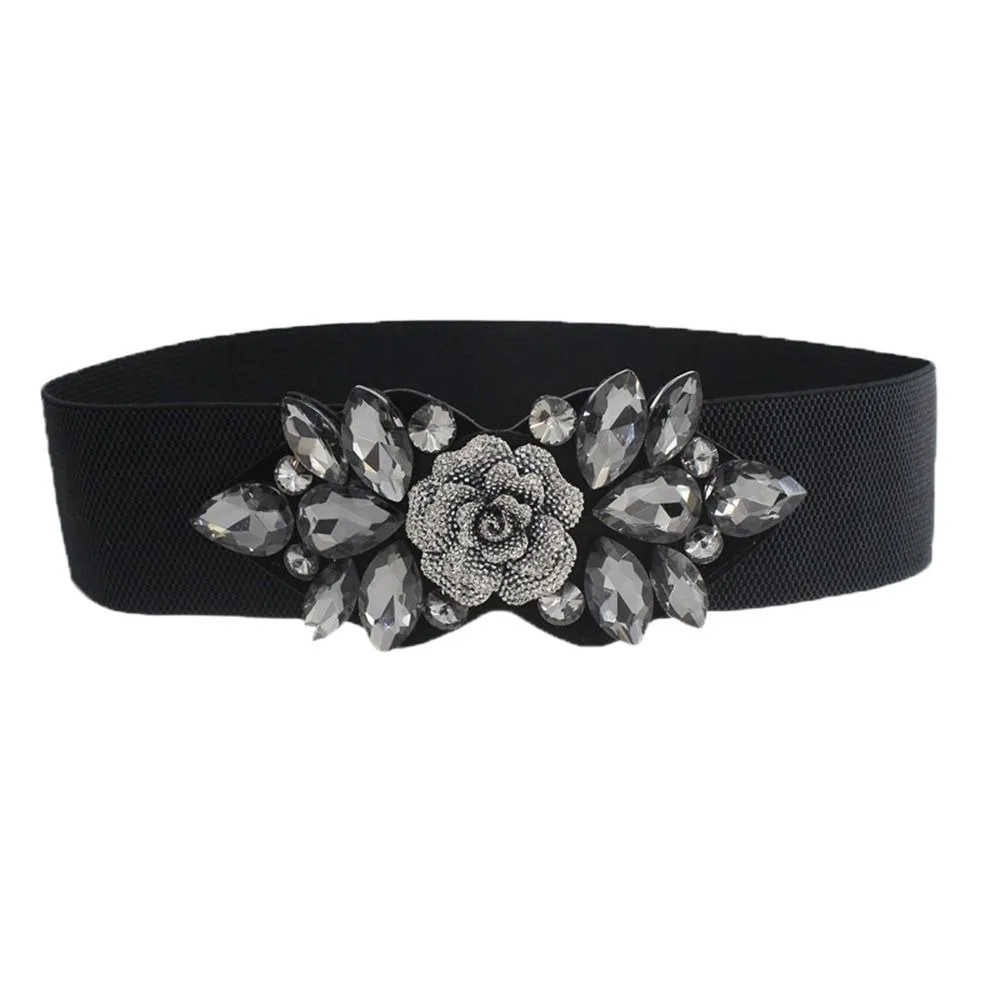 Cintura da donna con cinturino largo con fascia elastica con fiore rosa alla moda Cintura da donna con strass stile coreano nero
