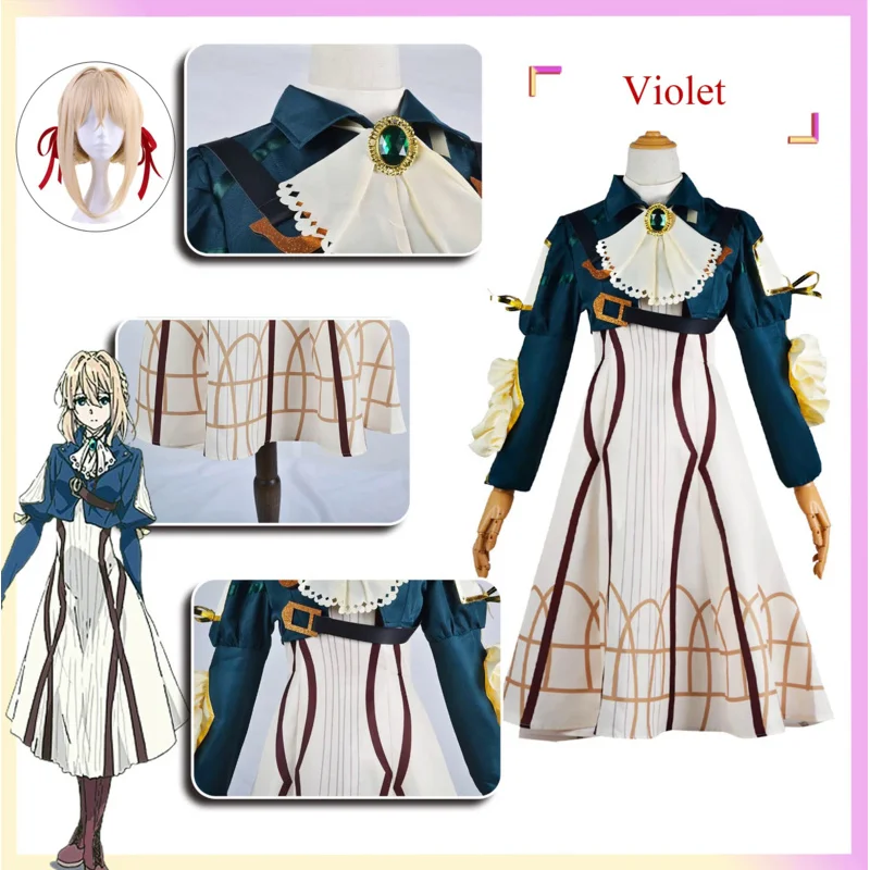 

Violet Evergarden Cosplay Costume Anime Violet Evergarden Wig Princess Maid Dress Shoes Outfits for Halloween Carnival Party