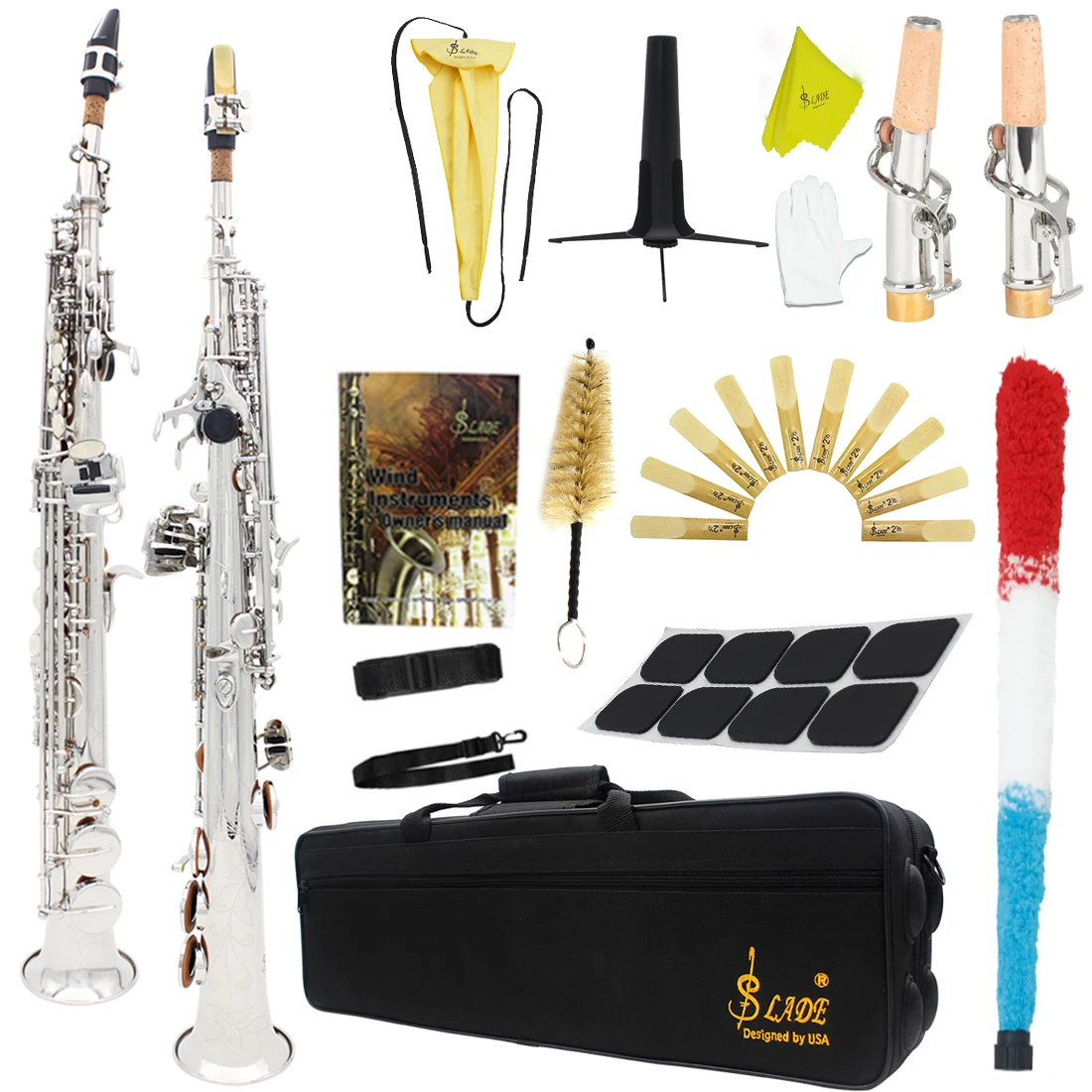 

Silver SLADE Saxophone Bb Straight Soprano Brass Gold Key B Flat Beginners Adults Sax with Reed Strap Gloves Accessories