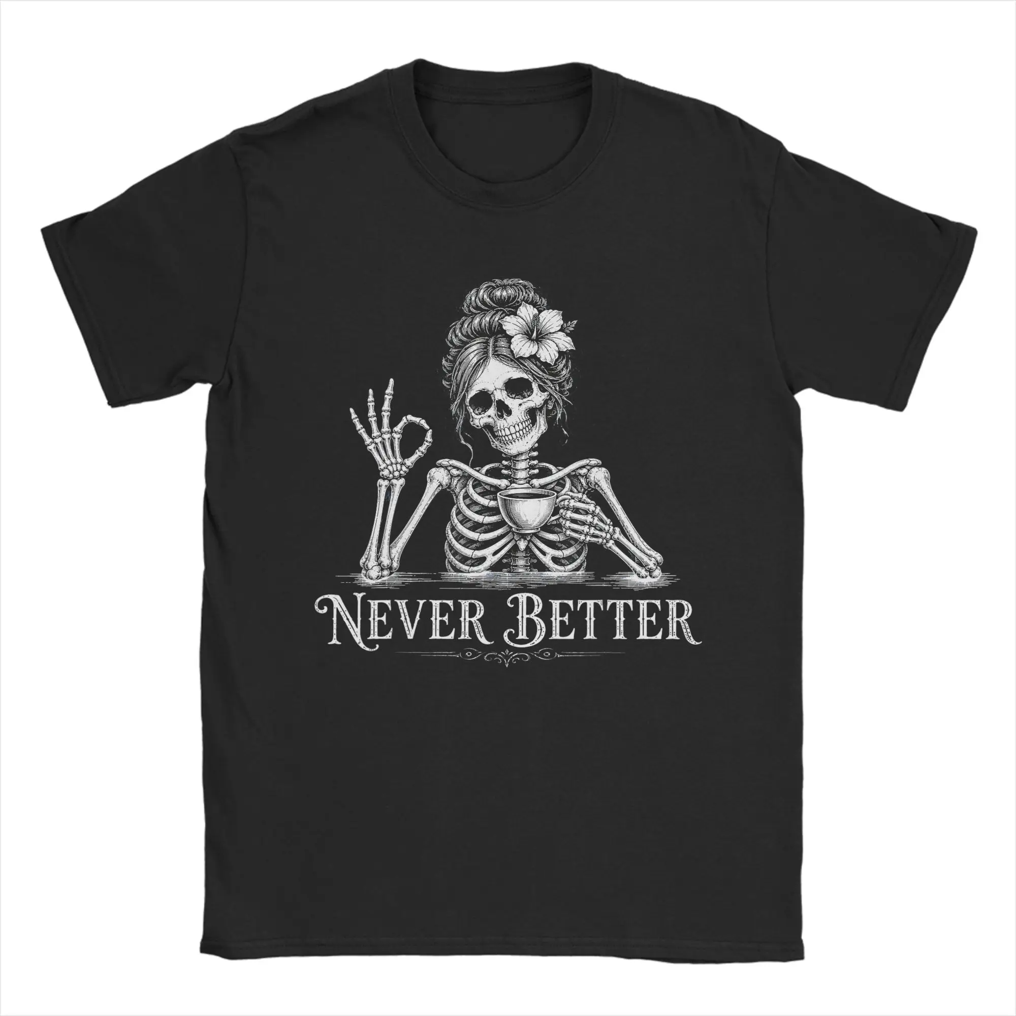 Messy Bun Drinking Coffee Skeleton T Shirt Men's  Cotton Casual T-Shirts Crew Neck  Tee Shirt Short Sleeve Clothes New Arrival