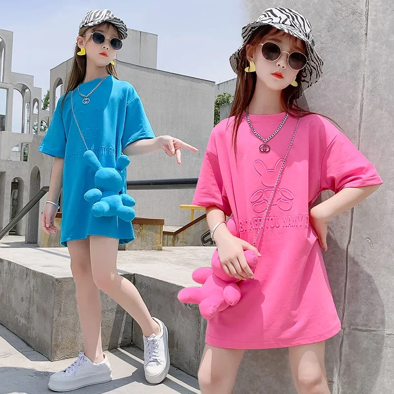 Dress Girls T-shirt Casual Cartoon Solid Summer New Short Sleeve Long T-shirt Loose Fashion Children\'s Clothing Mid-length Tops