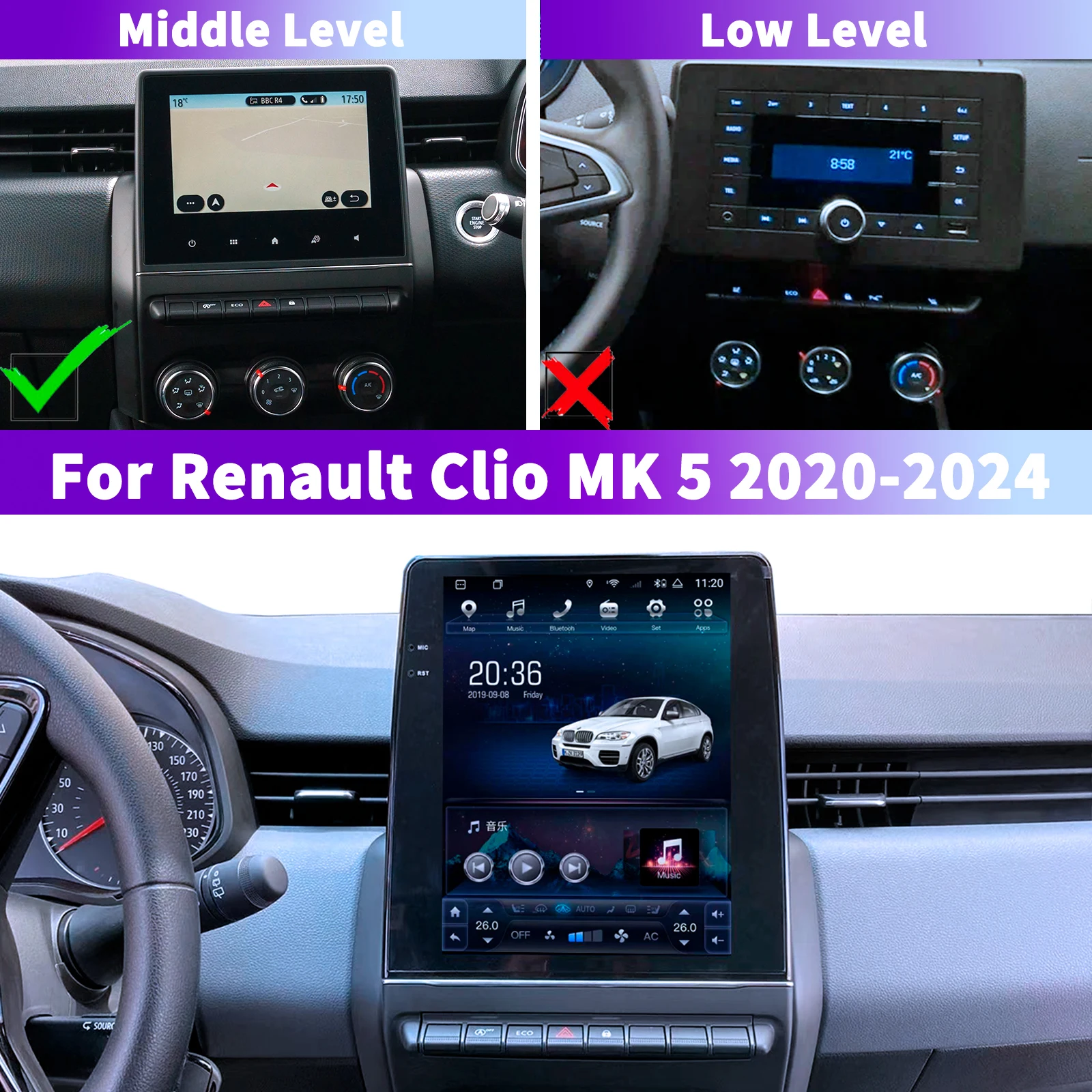 Car Radio For Renault Clio MK 5 Vertical Screen Android Head Unit 2020 - 2024 Monitor Carplay Infotainment With Teslay Style