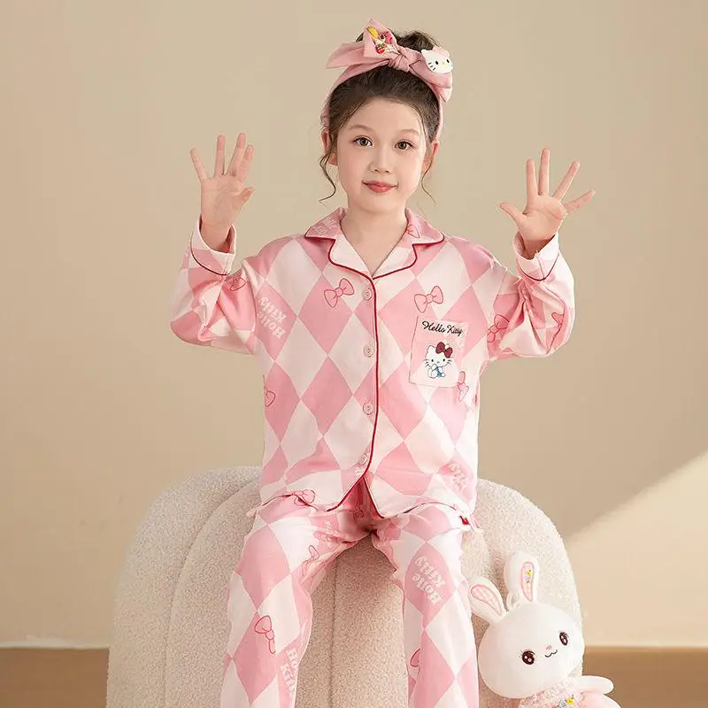 

Sanrio Hello Kitty, пижамы для девочек, осенние детские штаны из чистого хлопка с длинными рукавами, костюм Kawaii, аниме, новый стиль, сохраняющая тепло, одежда, хит продаж