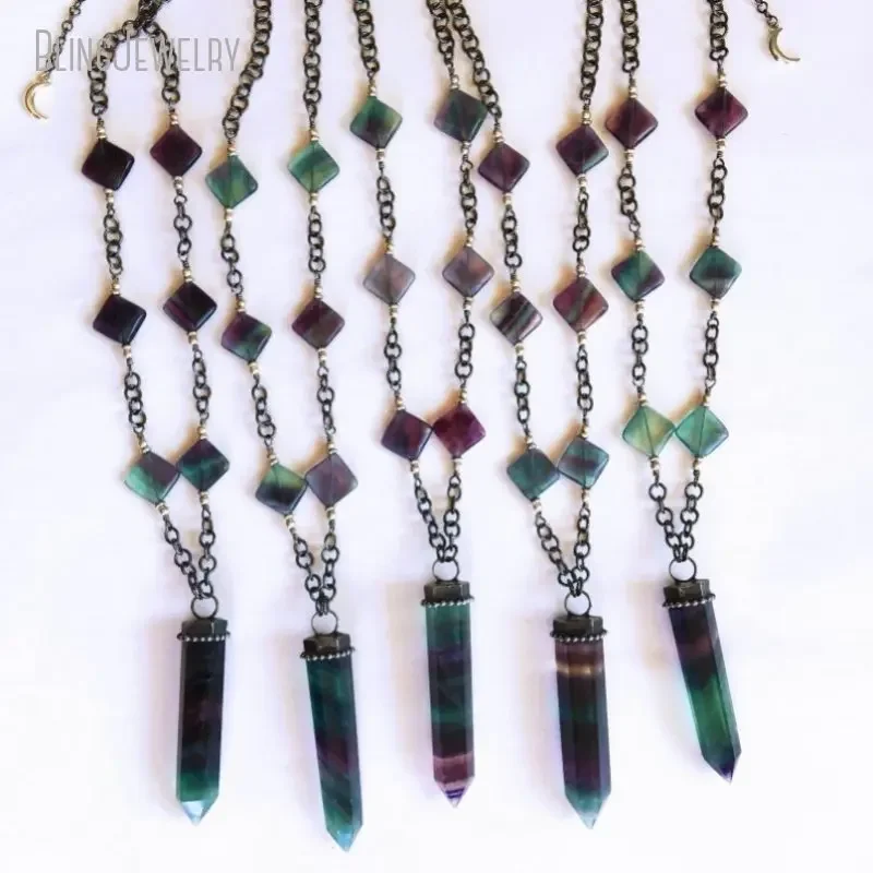 10pcs Crystal Chunk Bead Chain Women Necklace Fluorite Point Talisman Witchcraft Goth Boho Pendulum Obelisk ic  Jewelry