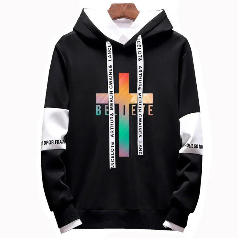 Men Faith Cross Jesus Print Pullover Hoodies Man Splicing Designer Casual Sweatshirts Fashion Long Sleeve Sport Tops for Male