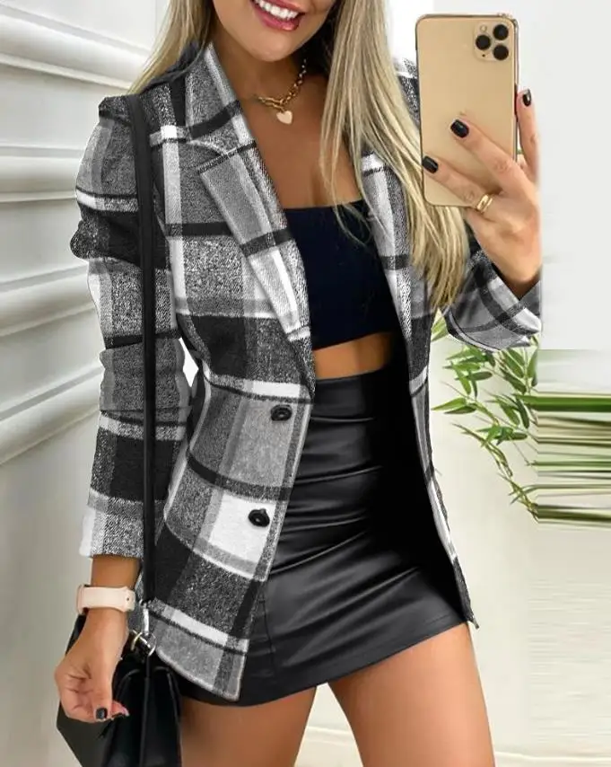 Women's Fashion Jacket Plaid Printed Button Front Long Sleeved Jacket 2024 Early Spring Retro Style Collar Versatile Daily Top