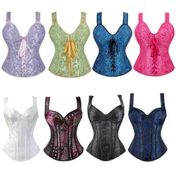 Women Vintage Corset Top with Shoulder Straps Gothic Jacquard Overbust Bustier Vest Medieval Steampunk Korset
