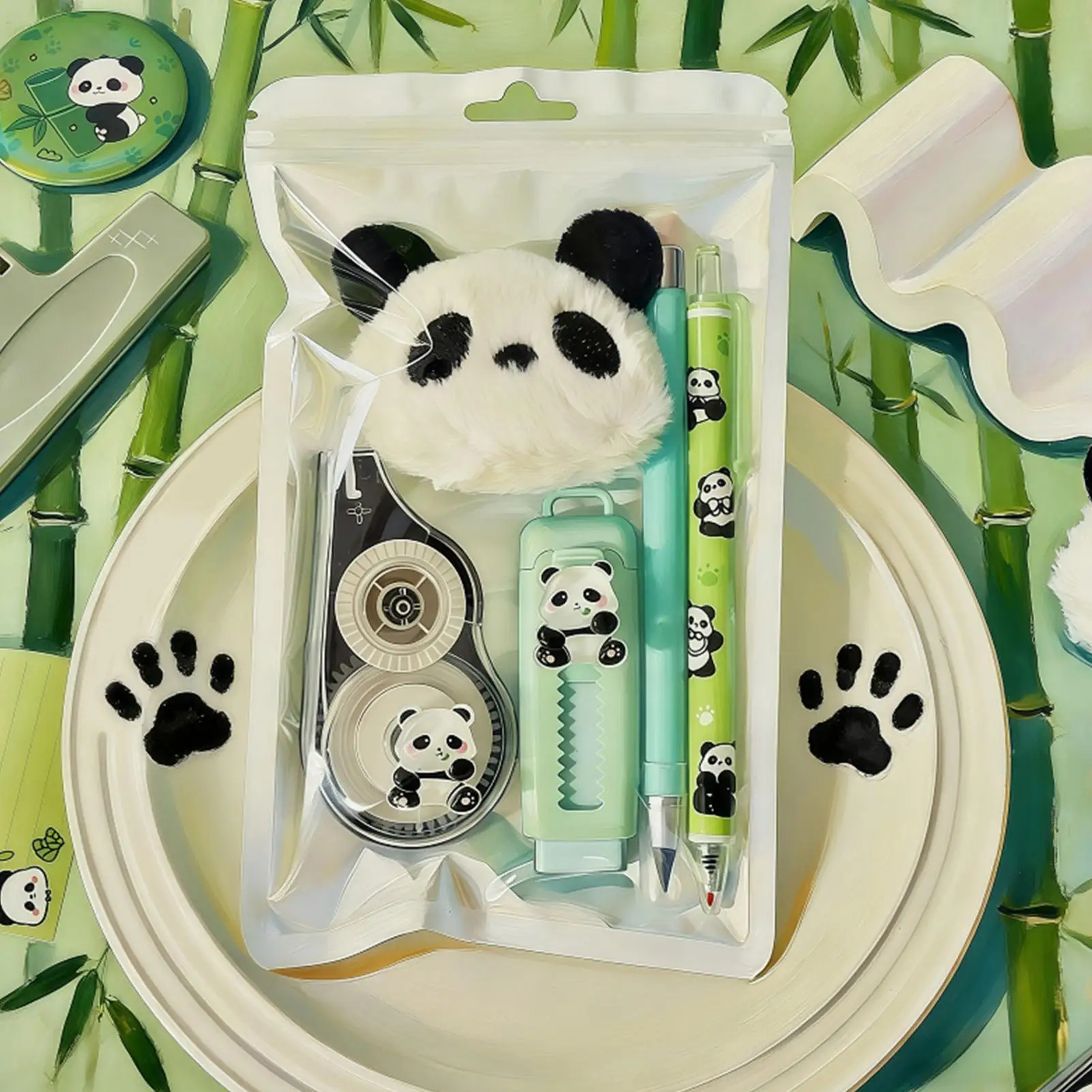Panda Stationery Set Correction Tape With Pen Stationery Supplies With Eraser And Plush Pendant Students Gift For Writing