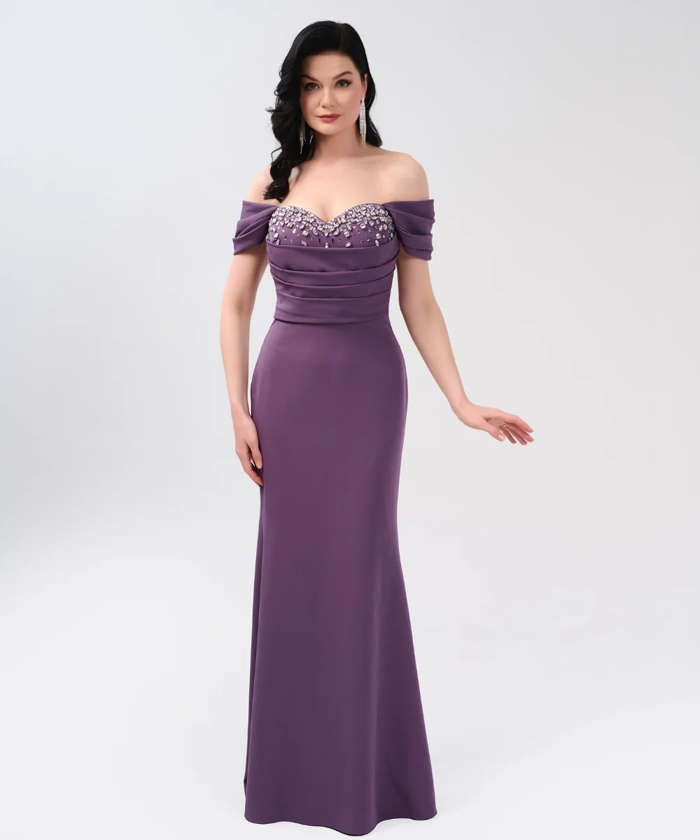 

Customized Exquisite Jersey Pleat Sequined Straight Off-the-shoulder Long Dresses Bespoke Occasion Fashion
