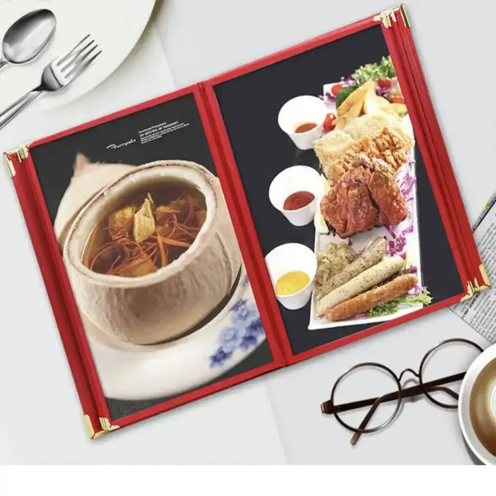 8.5 × 11 بوصة إدراج ورق A4 PU حافة جلدية 6 صفحات 12 عرض أغطية قائمة المطاعم تناسب كتاب حامل الورق القائمة