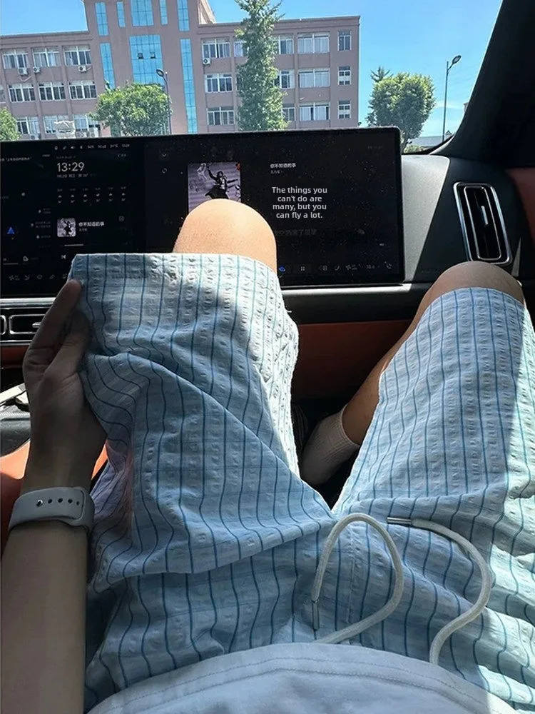 Mint Green Quick Dry Beach Pants Men's Thin  Bubble Cloth Shorts Cleanfit Casual Five-Quarter Pants Loose Straight Leg E...