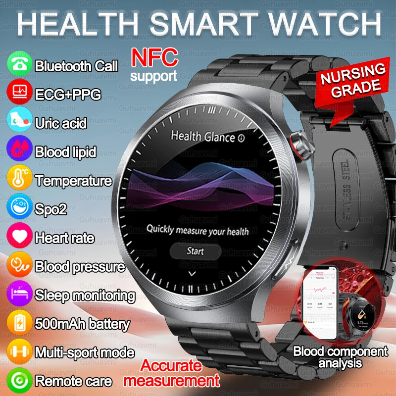 

2025 New Health Tracker Blood Fat Uric Acid Smartwatches AMOLED Screen BMI Body Fat Measurement BT Call ECG+PPG Smart Watch Man