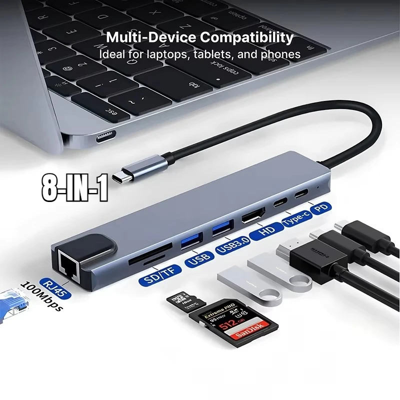 1. 8‑in‑1 USB‑C Hub Adapter 4K HD PD Fast Charging RJ45 SD TF Card Reader for MacBook Notebook PC