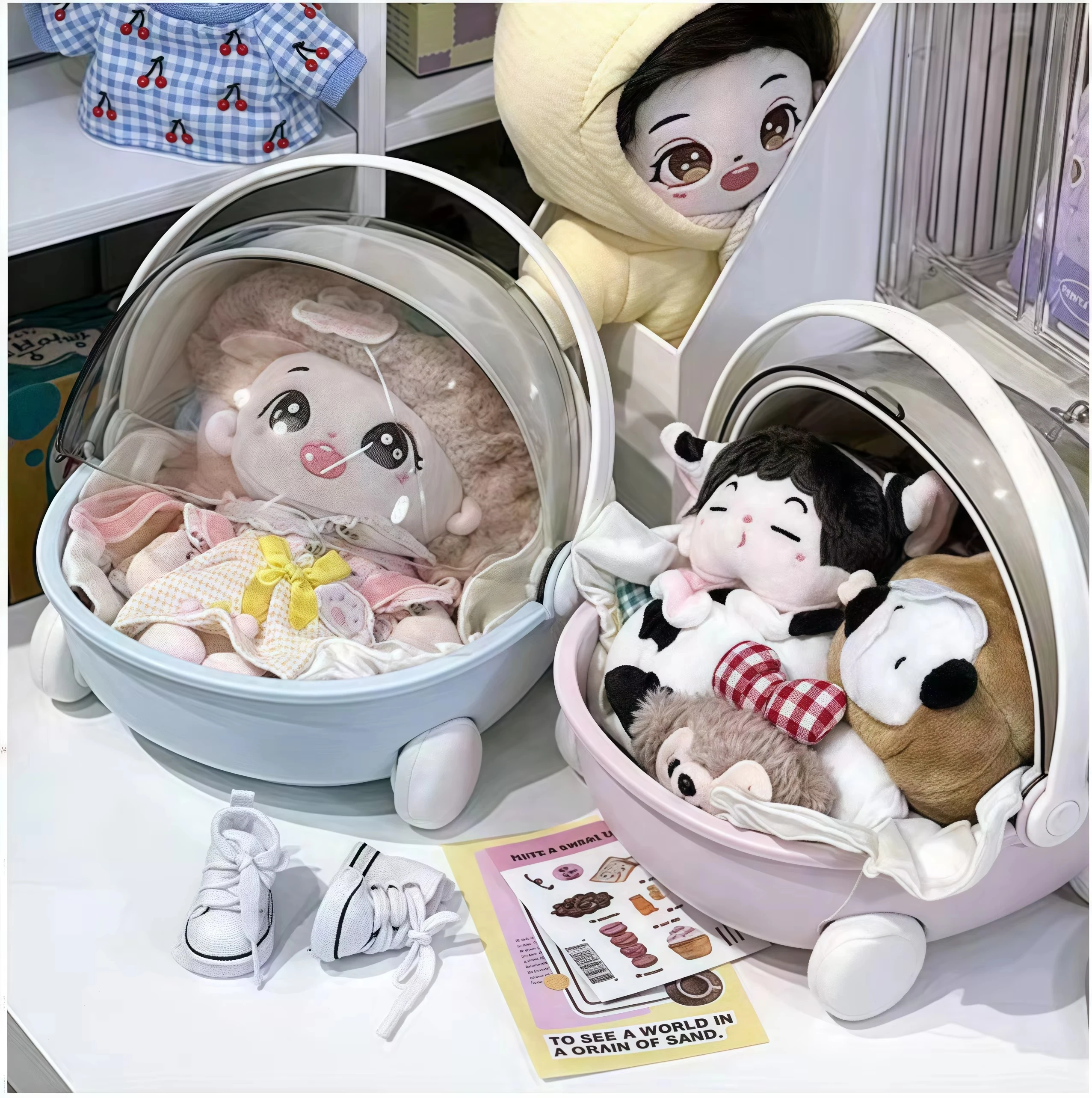 

for Labubu Baby Stroller Decor Plush Dolls Desktop Storage Box Cotton Doll Portable Flip up Children's Toy Sleep Cradle Cart