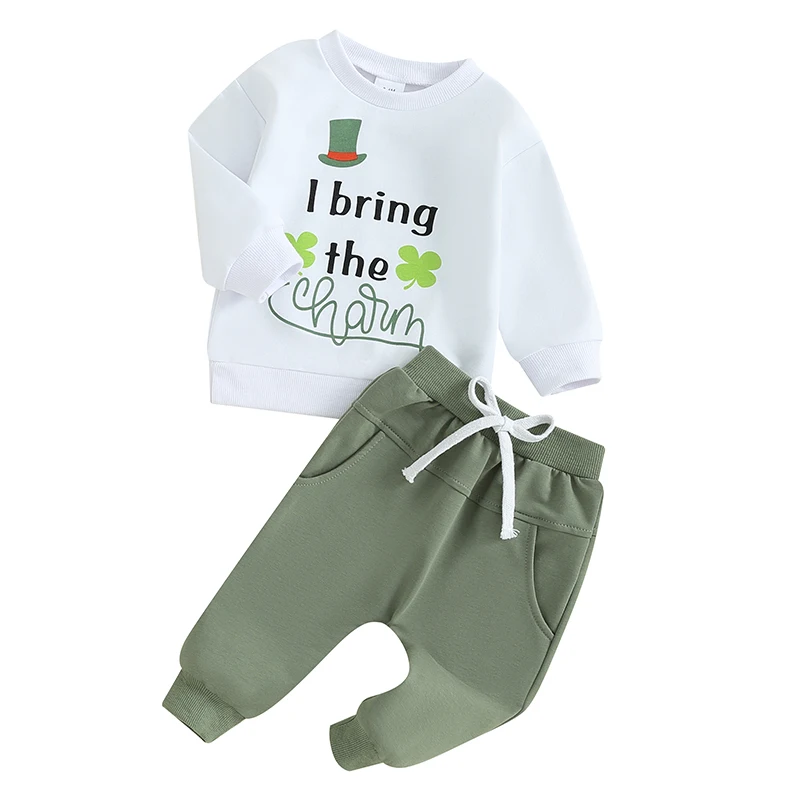 Newborn Infant Baby Boy St Patrick s Day Pants Outfits Green Shamrock Print Sweatshirt with Elastic Waist Drawstring