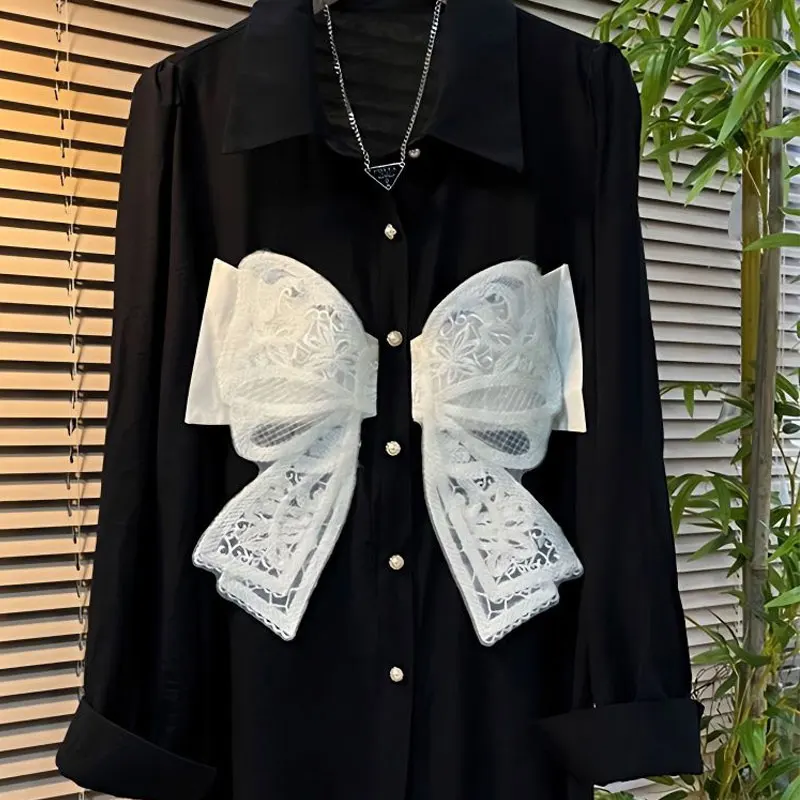 

Spring Autumn Korean Polo-Neck Loose Shirt Women's Clothing Fashion Bow Lace Patchwork Blouse Sweet Commute Chic Single-breasted