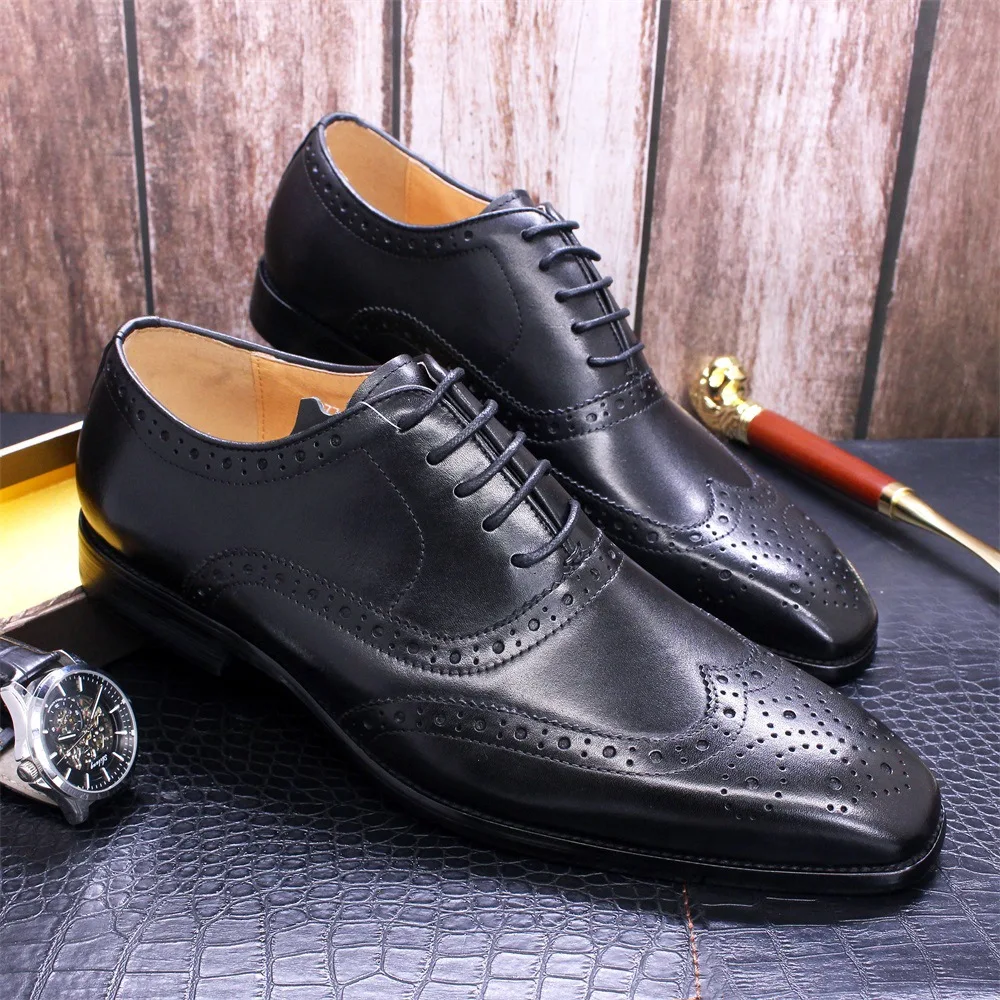 Men's Genuine Leather Brogue Oxford Shoes Classic Formal Dress Shoes for Wedding Party Business Luxury Casual Lace Up Footwear