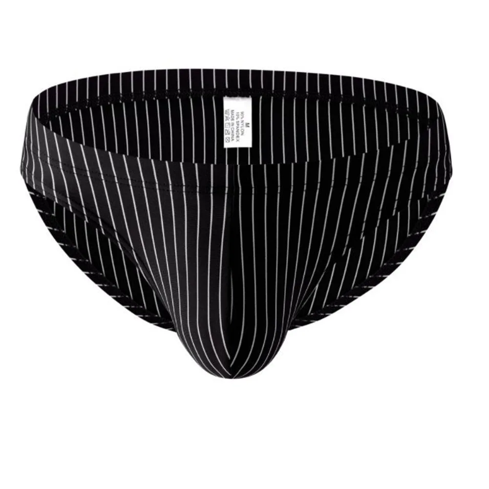Low Waist Men\'s Briefs with Striped Pattern and U Convex Pouch Thin Breathable Fabric Underwear for Daily Comfort