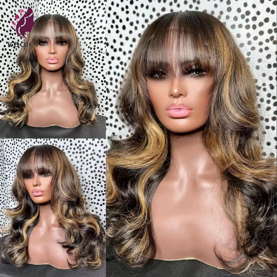 

Brazilian Body Wave Human Hair Bangs Wigs Glueless Highlight Wavy 13x6 Lace Front Human Hair Wigs With Bangs Fringe For Women