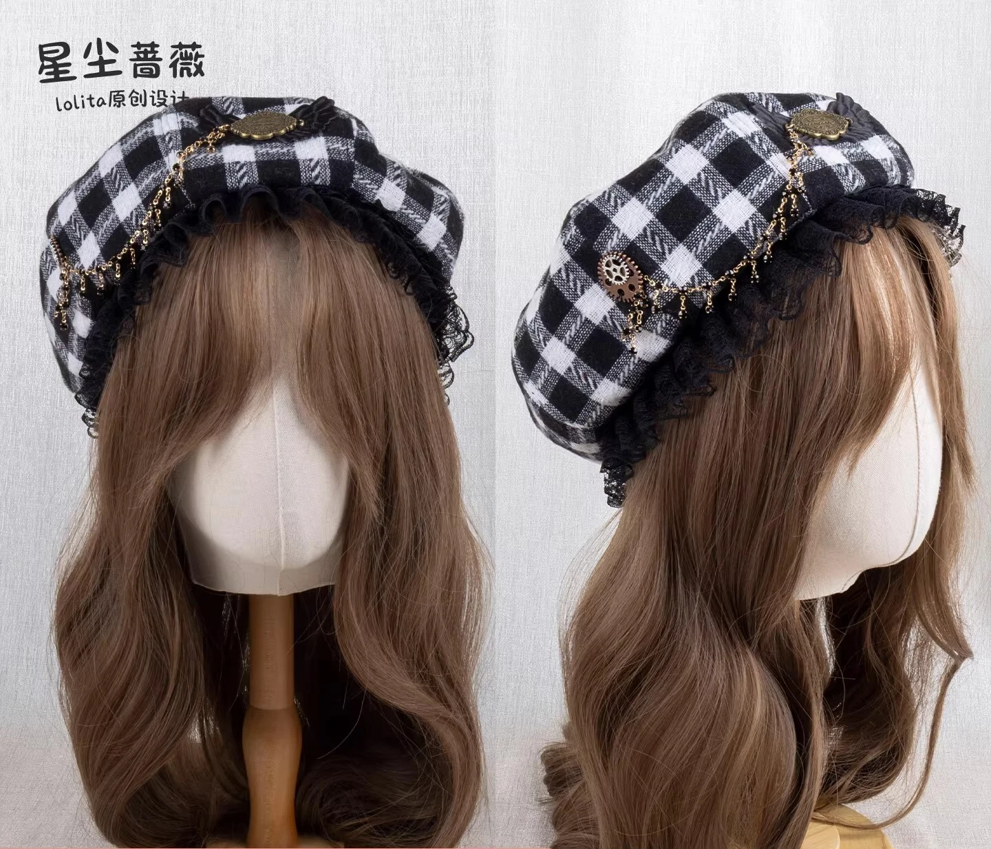

Японский оригинальный дизайн: Новогодний берет для женщин в стиле Лолита с цепочкой, кружевом и контрастной черно-белой клеткой.