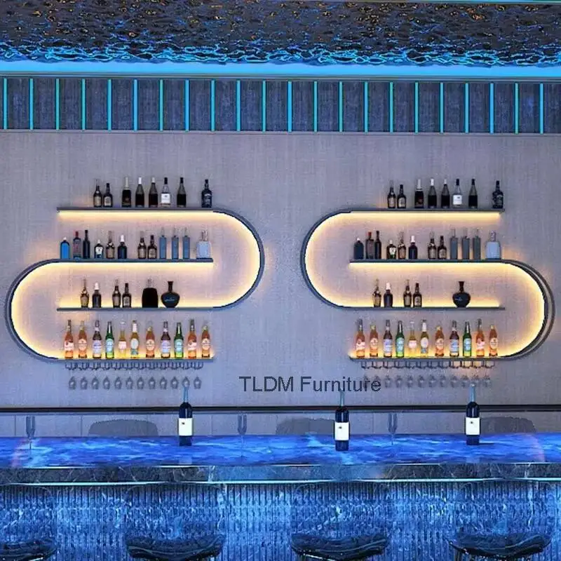 

Rack Wine Cabinets with Light Wall Mounted Wine Iron Creative Geometric Art Nordic Restaurant Showcase Art for Bar Furniture