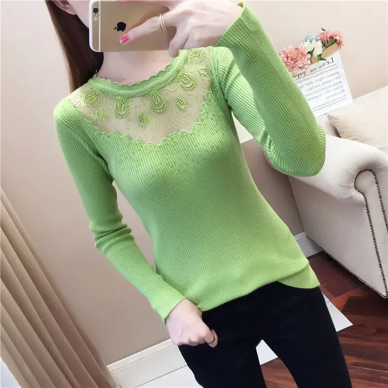 Fashion Rhinestone Lace Bottoming Shirt Women\'s Autumn and Winter Clothing New Slim-Fit Long Sleeve Hollow-out Pullover Sweater