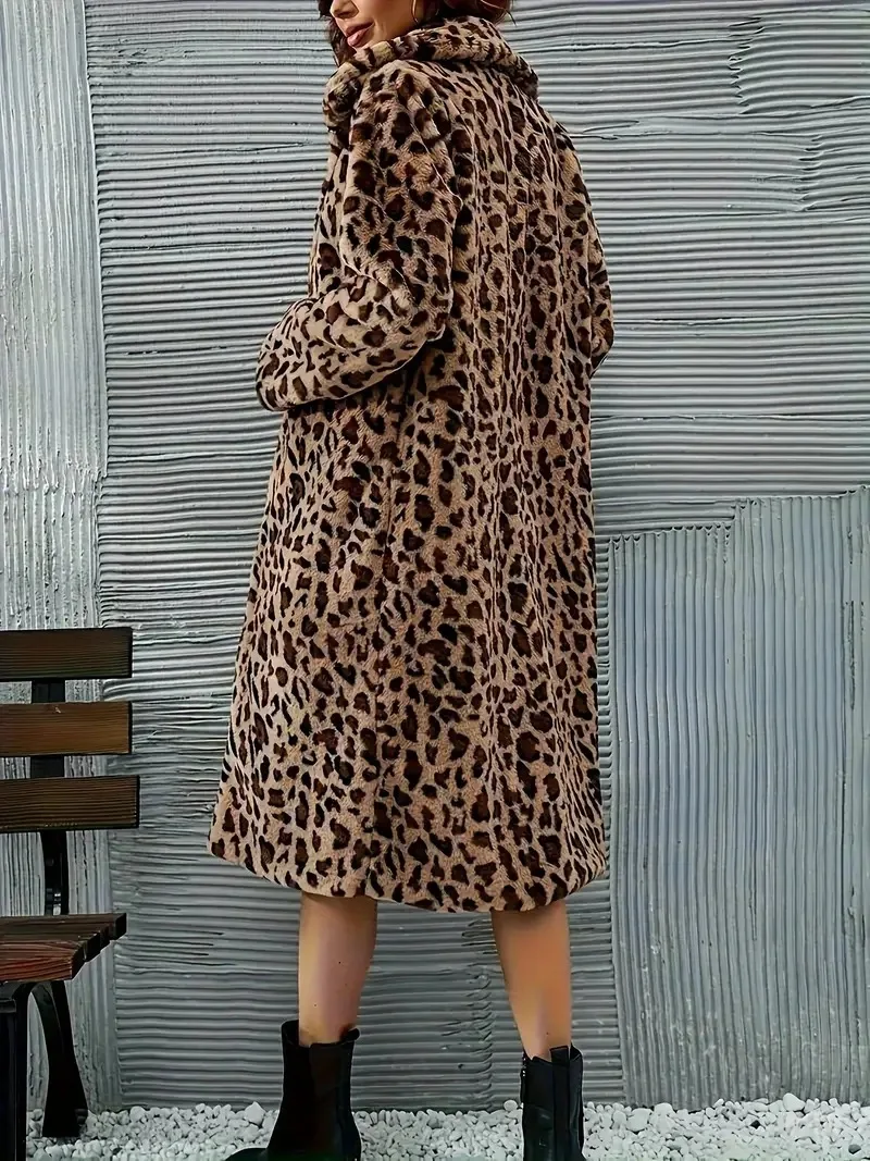 Elegant Faux Fur Coat Leopard Print Casual Fur Jacket Long Loose Chic Fluffy Overcoat Women's Warm Stylish Trench Coat