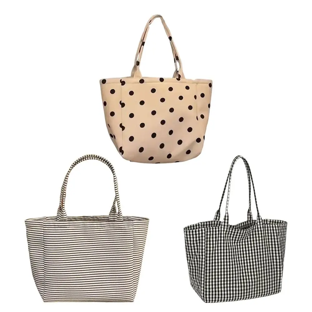

Холщовая сумка-тоут с принтом в горошек, с принтом в клетку и полоску, большая вместительная сумка из холщовой ткани, вместительная сумка для поездок на работу