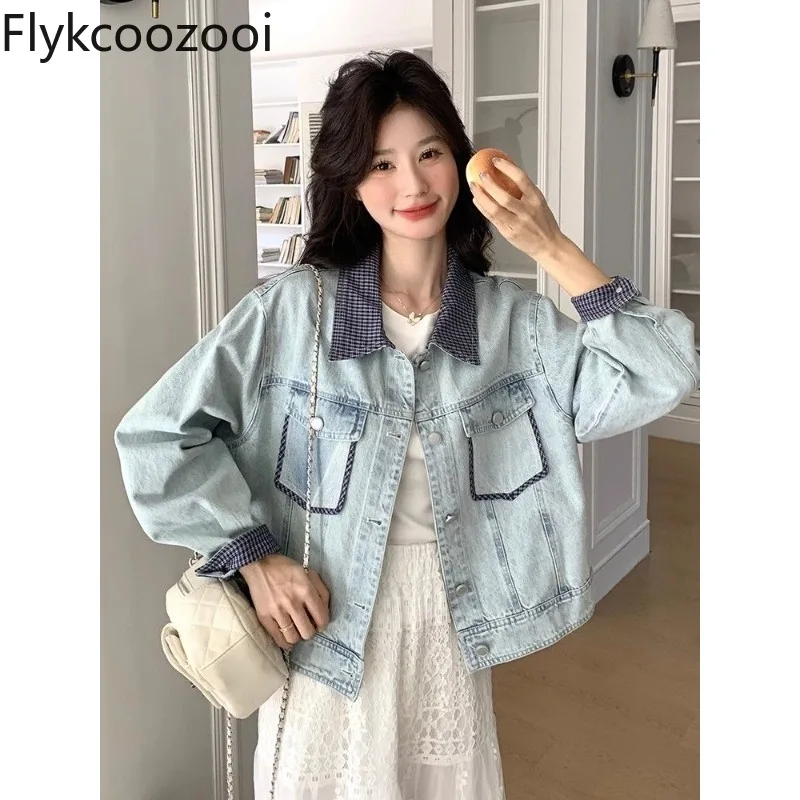 

Plaid Lapel Collar Long Sleeve Jeans Coat Women Straight Slim Single Breasted Pocket Spliced Denim Jacket Autumn Chic Streetwear