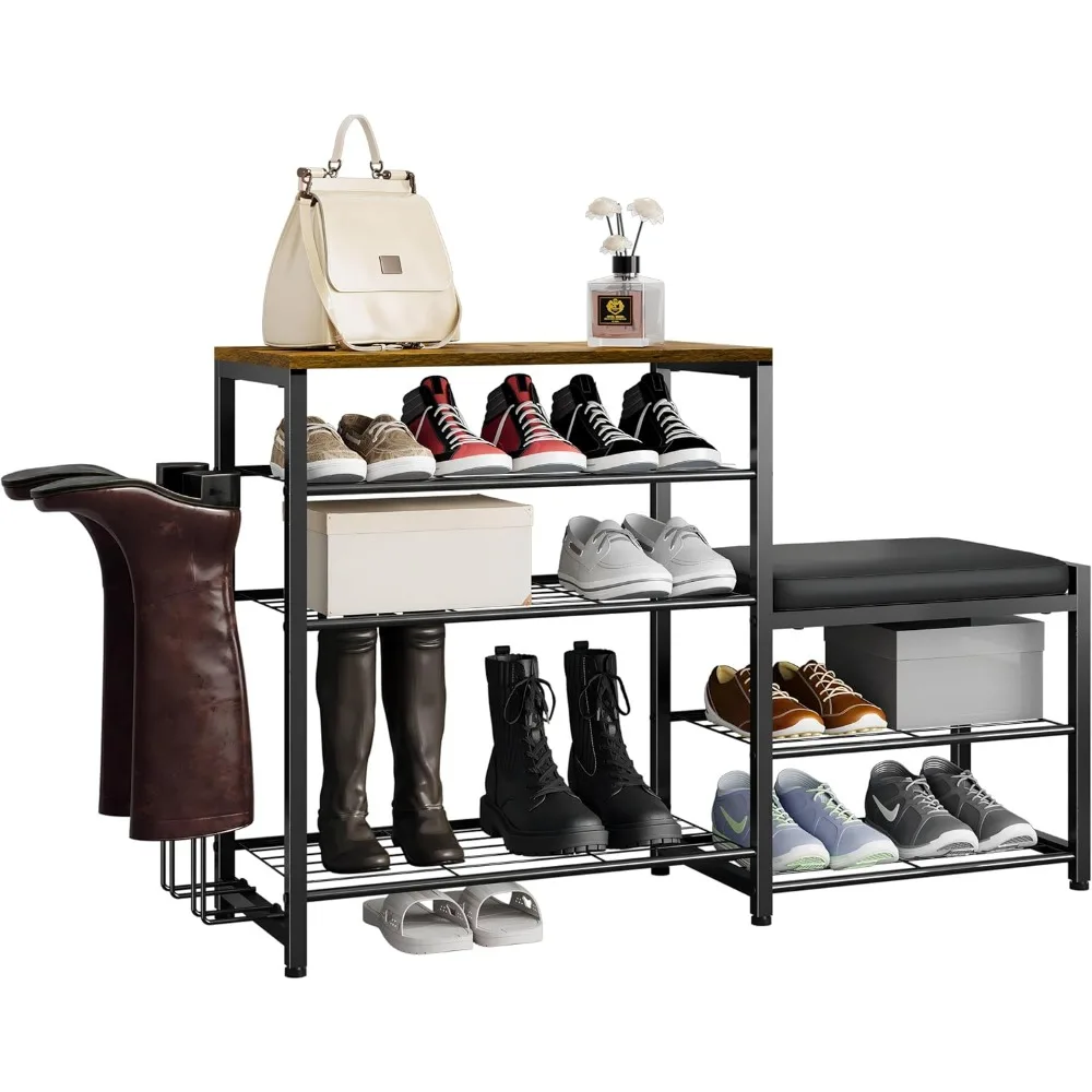 

Stylish 5-Tier Shoe Rack Bench With Seat and Boot-Hanging- Entryway Storage Organizer in Industrial Design Brown Black Shoerack