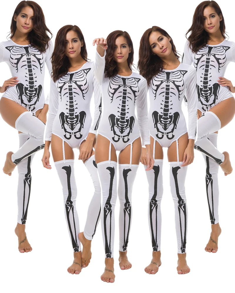 Mono de manga larga para mujer de Halloween, disfraz ajustado para adulto con calavera y esqueleto, mono de zombis para fiesta de juegos de rol