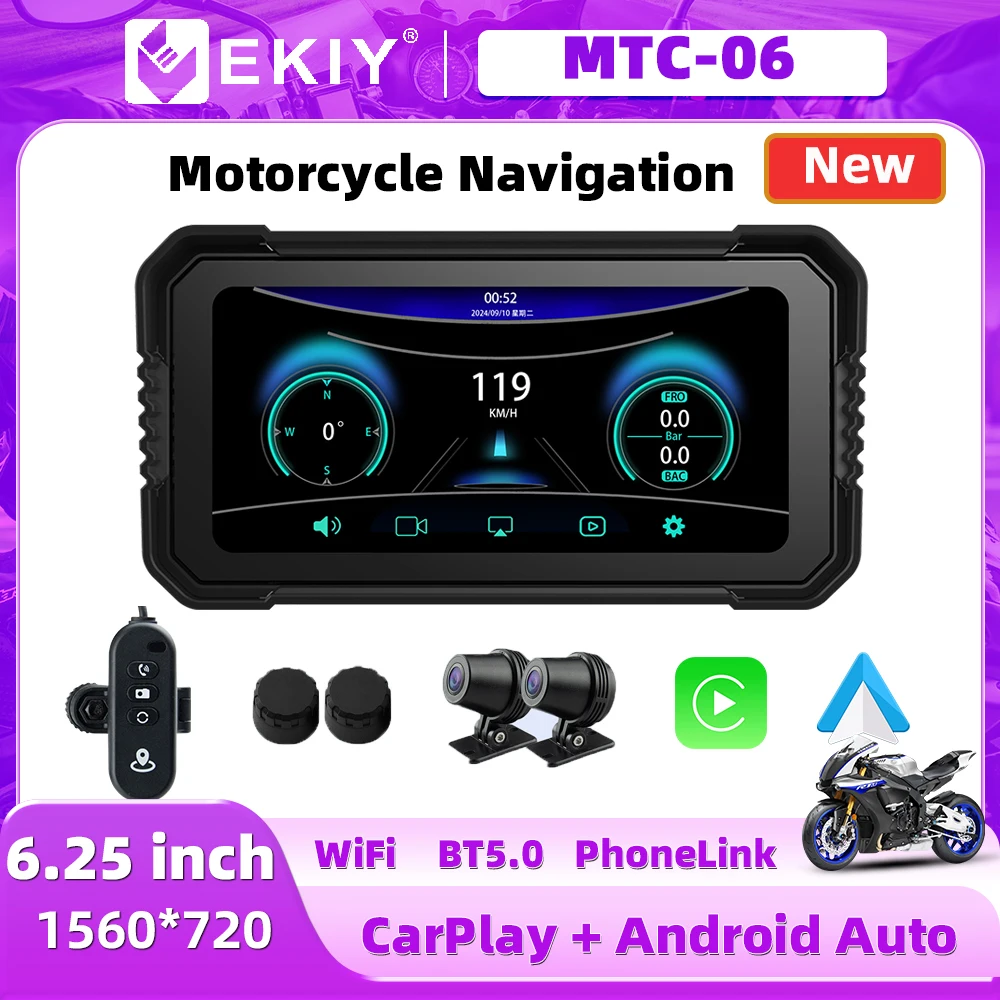 EKIY 6.25 Inch DVR Wireless Carplay & Android Auto Motor Accessories Motorbikes Navigation Display Screen Portable