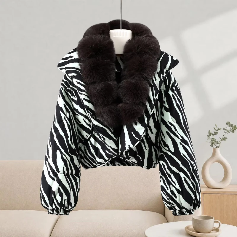 Faux Fox Fur Collar Puffed Sleeve Down Jacket for Women, Fashionable Loose Thick Warm Coat, Eco-friendly Fur Women's Wear Winter